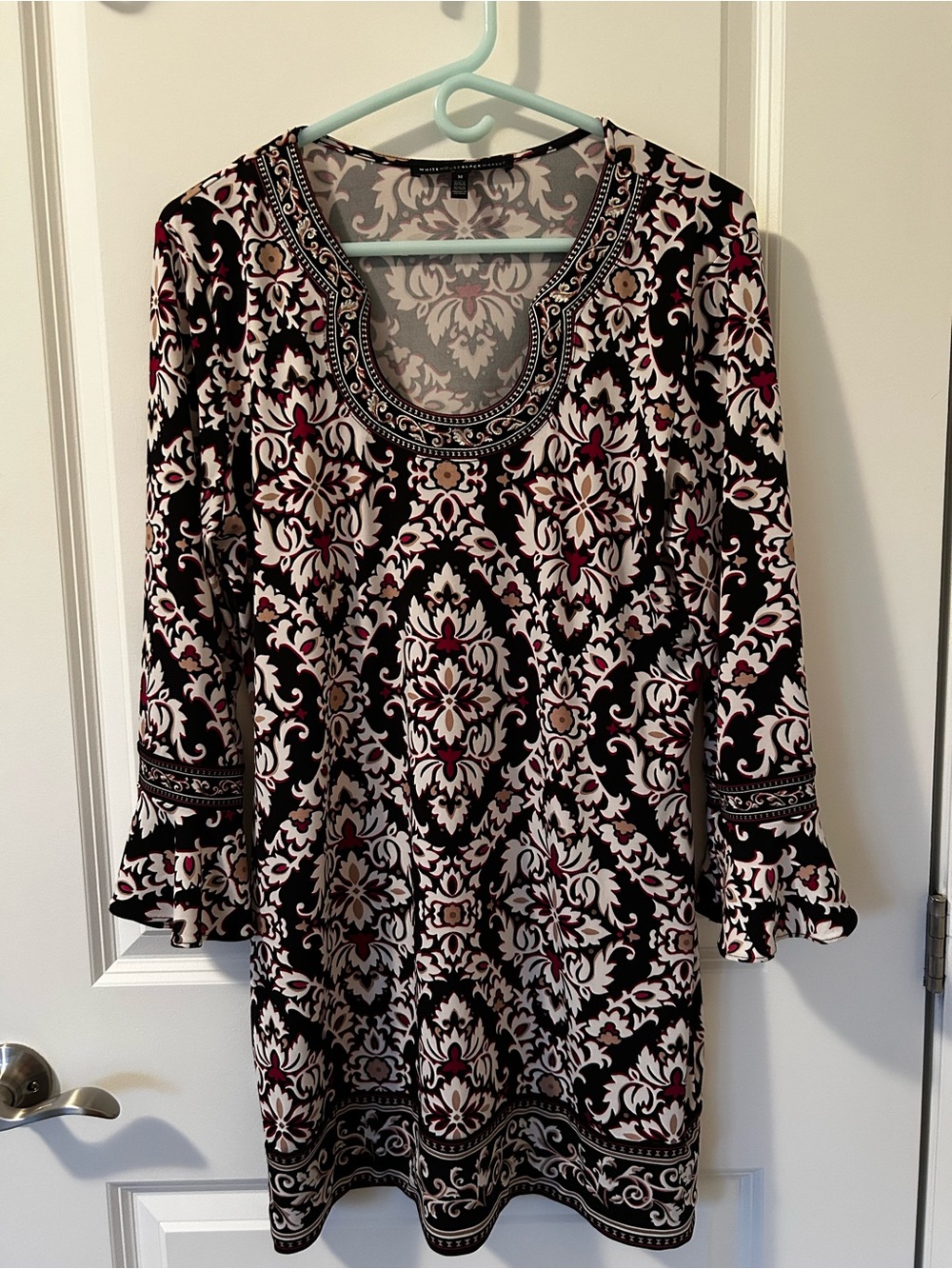 White House Black Market Black and White Printed Tunic with Burgundy Accents